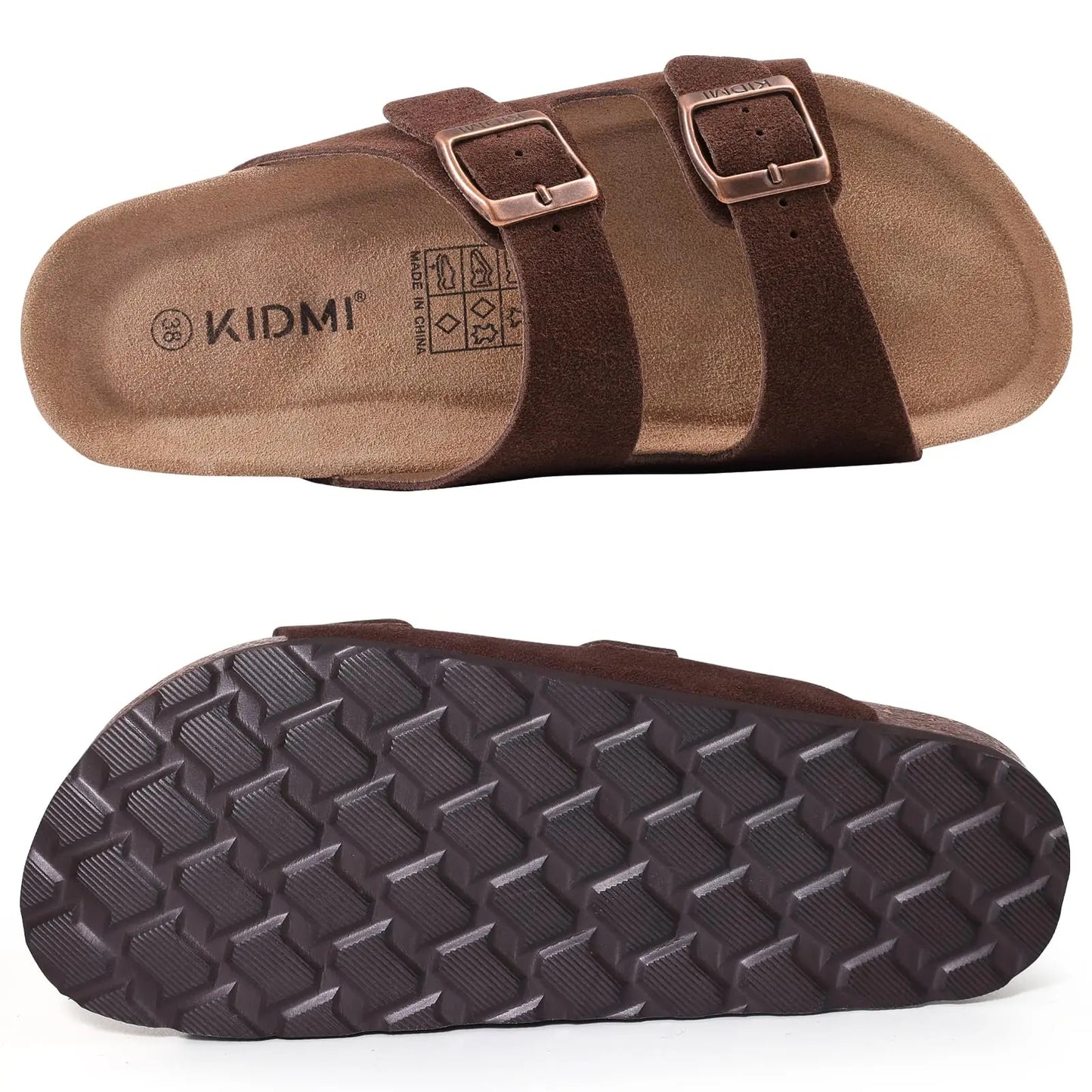 Klassiska unisex korksandaler rutschkanor i ko mocka med valvstöd Anti-halk unisex tofflor med justerbart spänne