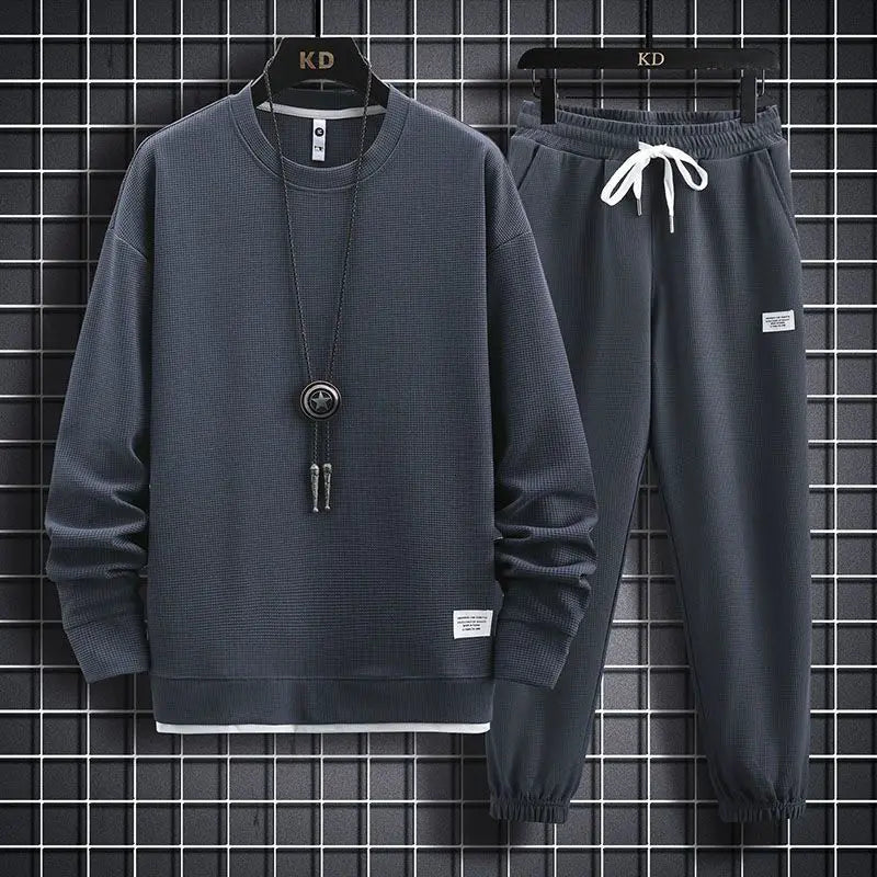 Conjunto Waffle Lounge Masculino – Moletom Casual de 2 Peças & Calças