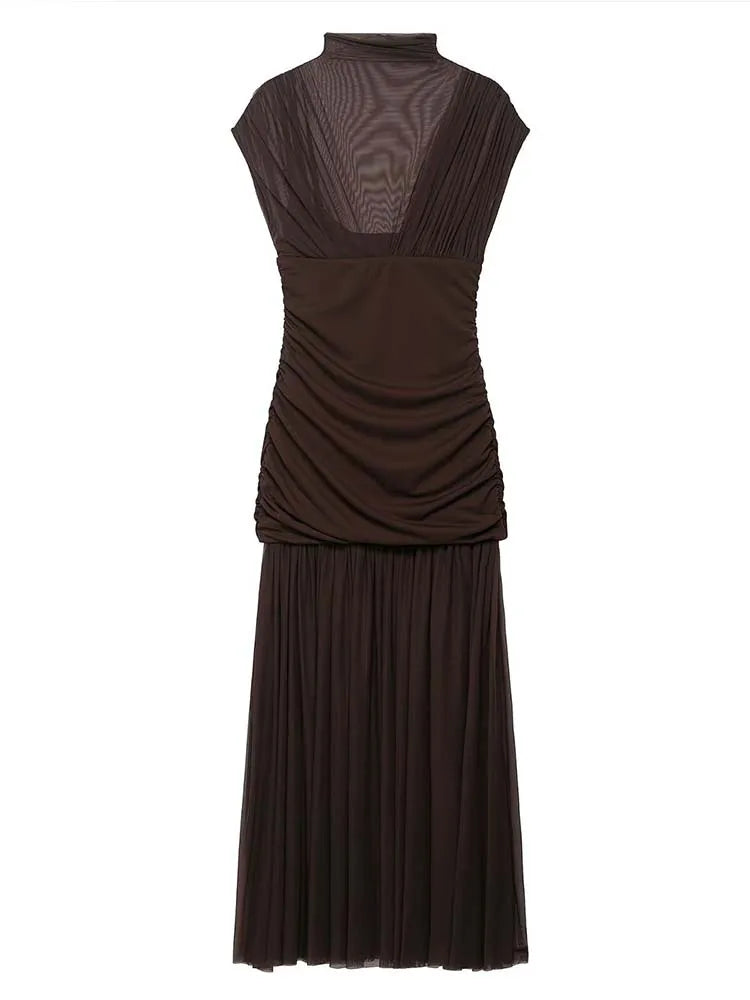 Gauze Wrinkle Splicing Long Dresses for Women Summer Backless Sexy Dress New Fashion Female Elegant Party Dresses