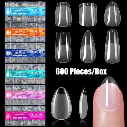 600 Stück Zubehör für weiche Gel-X-Nagelspitzen, vollständige Abdeckung, künstliche Nagelspitzen für Acrylnägel, Gel, extra kurze Mandel-Nagelspitzen, quadratisch, mittelgroß