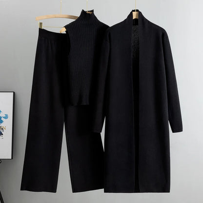 Spring & Autumn 3-Piece Women's Knitwear Set – Vintage-Inspired Lounge Outfit with Cardigan, Top & Pants