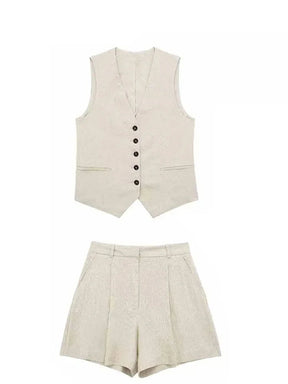 Women’s Linen Vest Shorts Set – V Neck Chic Summer Casual  Office Outfit