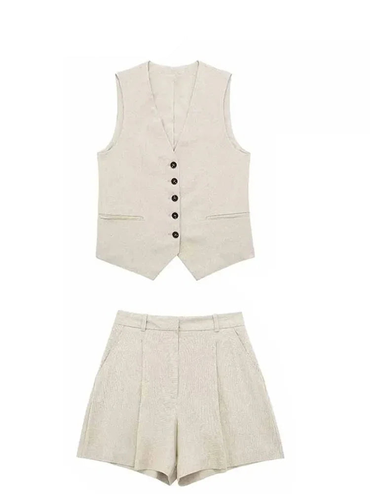 Women’s Linen Vest Shorts Set – V Neck Chic Summer Casual  Office Outfit