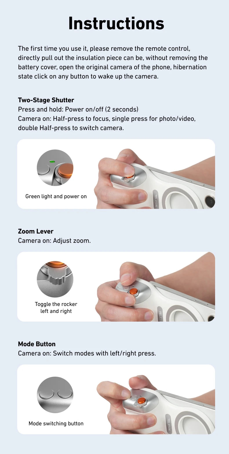 TELESIN ™ Phone Camera Shoot Hand Grip - Magnétique Portez avec télécommande pour iPhone et Android