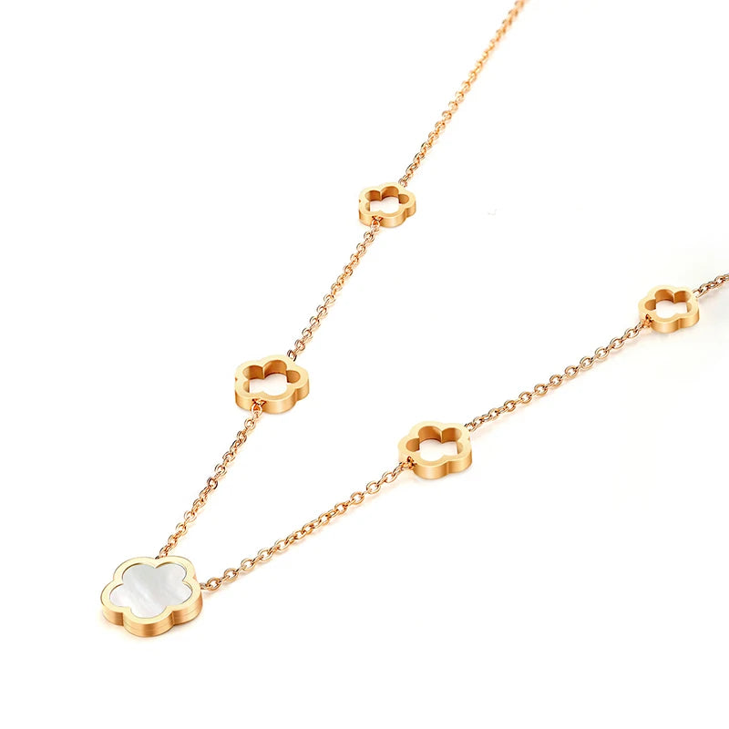 Luxe élégant vert blanc coquille fleur - trèfle à quatre feuilles boucles d'oreilles collier bracelets étanche en acier inoxydable ensembles de bijoux pour les femmes