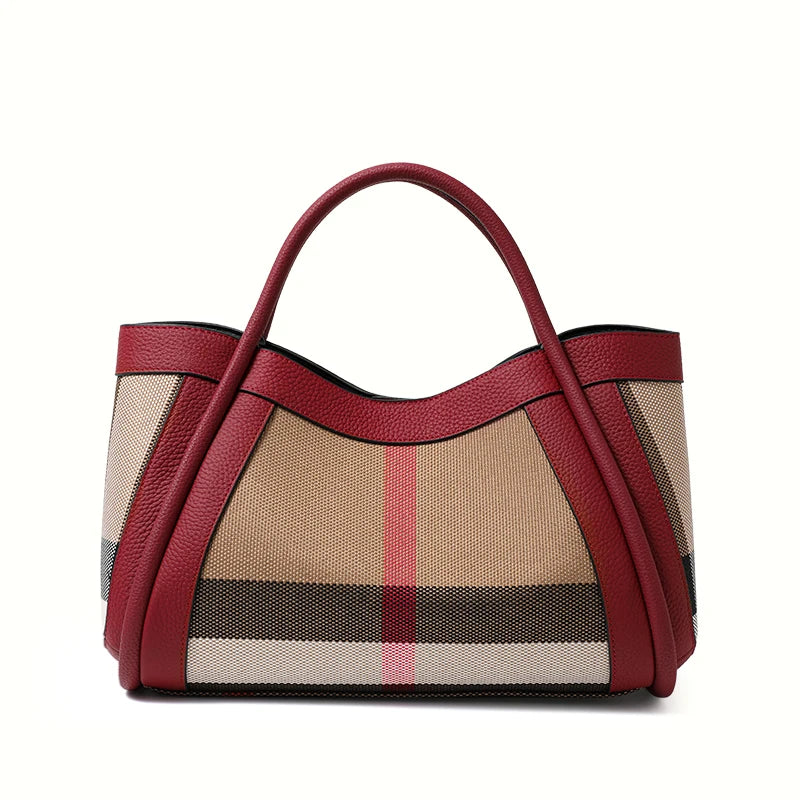 Canvas & Cowhide Leather BB Handbag – Luxury Retro Checkered Tote for Women | Large Capacity & Timeless Style