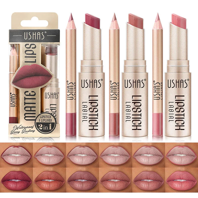 Batom Matte 2 em 1&lConjunto de Lápis Labial IP Liner com 12 Cores, Alta Pigmentação, À Prova D'Água e de Longa Duração - Maquiagem para os Lábios