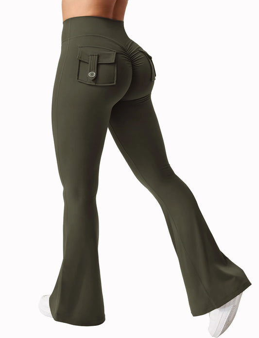 Leggings de yoga de pierna ancha y cintura alta: elásticos en 4 direcciones con bolsillos laterales
