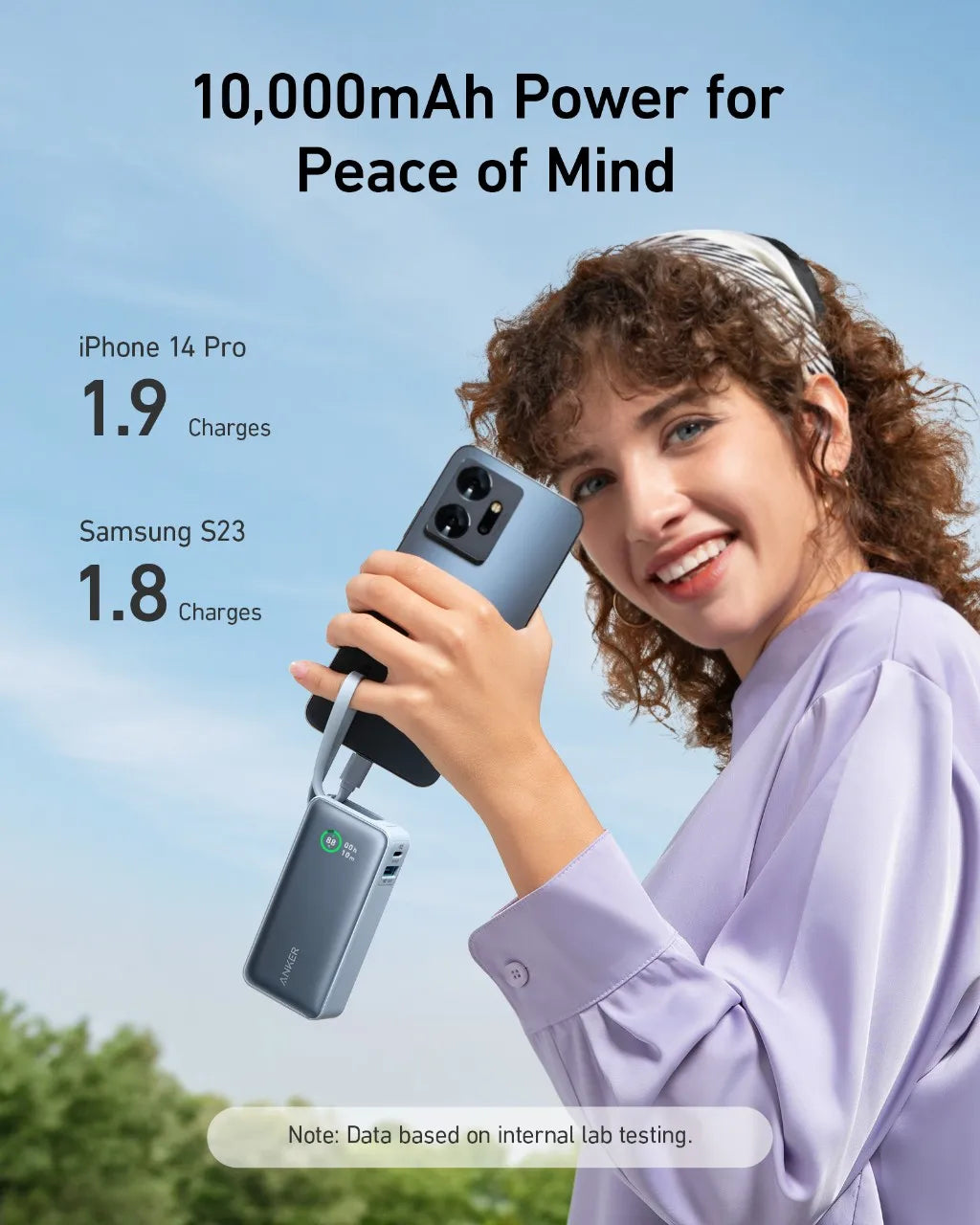 Anker Nano Power Bank, 10.000 mAh bærbar oplader med indbygget USB-C-kabel, 30 W Max Output