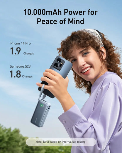Anker Nano Power Bank, 10.000 mAh bærbar oplader med indbygget USB-C-kabel, 30 W Max Output