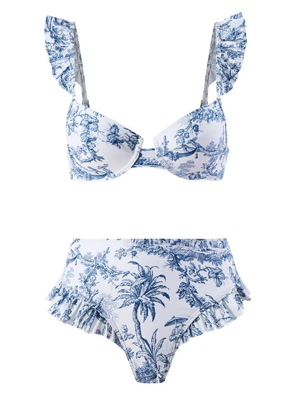 S- XL trykt bøyle badedrakt for kvinner Bikini med høy midje Dame badetøy Tredelt bikinisett Badedrakt Swim V4106