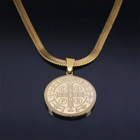 Saint Benedict Medallion Pendant Necklace -Unisex- Stainless Steel Snake Chain - Jewelry