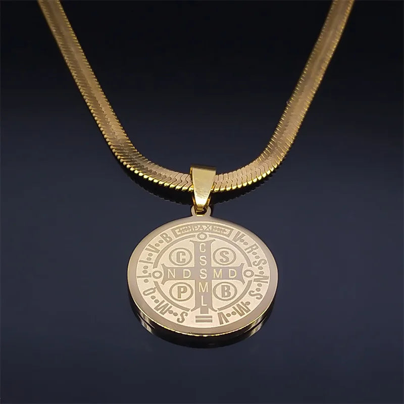 Saint Benedict Medallion Pendant Necklace -Unisex- Stainless Steel Snake Chain - Jewelry