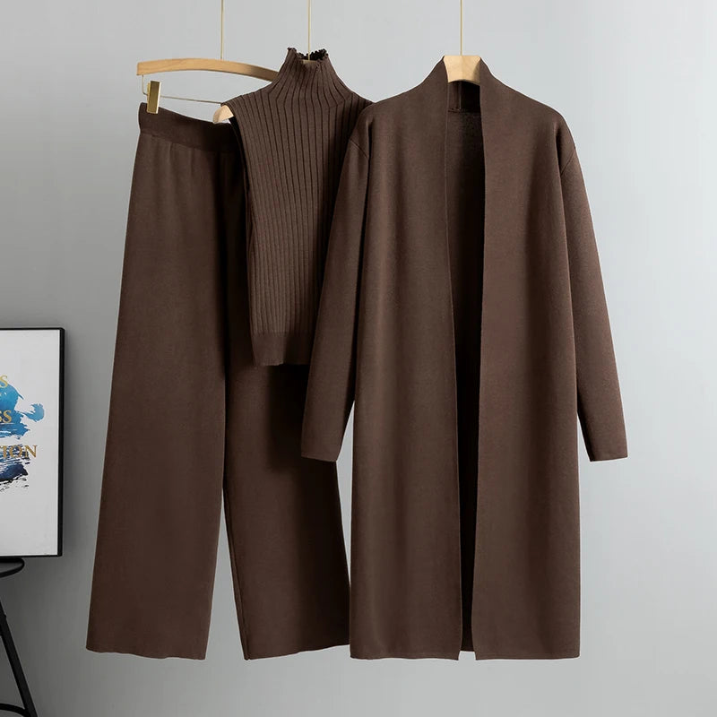 Spring & Autumn 3-Piece Women's Knitwear Set – Vintage-Inspired Lounge Outfit with Cardigan, Top & Pants