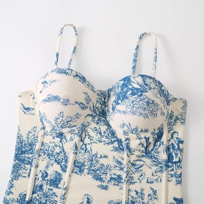 Novo conjunto de biquíni push up – estampa floral, babados, trajes de banho brasileiros com tiras