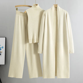 Spring & Autumn 3-Piece Women's Knitwear Set – Vintage-Inspired Lounge Outfit with Cardigan, Top & Pants