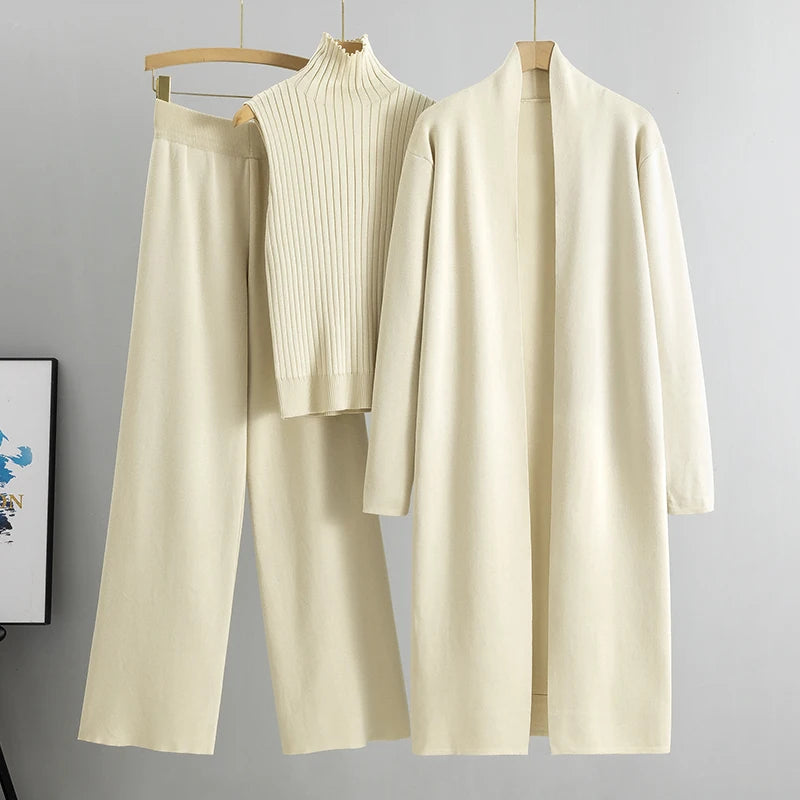 Spring & Autumn 3-Piece Women's Knitwear Set – Vintage-Inspired Lounge Outfit with Cardigan, Top & Pants
