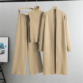 Spring & Autumn 3-Piece Women's Knitwear Set – Vintage-Inspired Lounge Outfit with Cardigan, Top & Pants