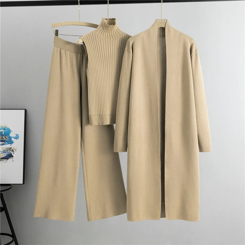 Spring & Autumn 3-Piece Women's Knitwear Set – Vintage-Inspired Lounge Outfit with Cardigan, Top & Pants