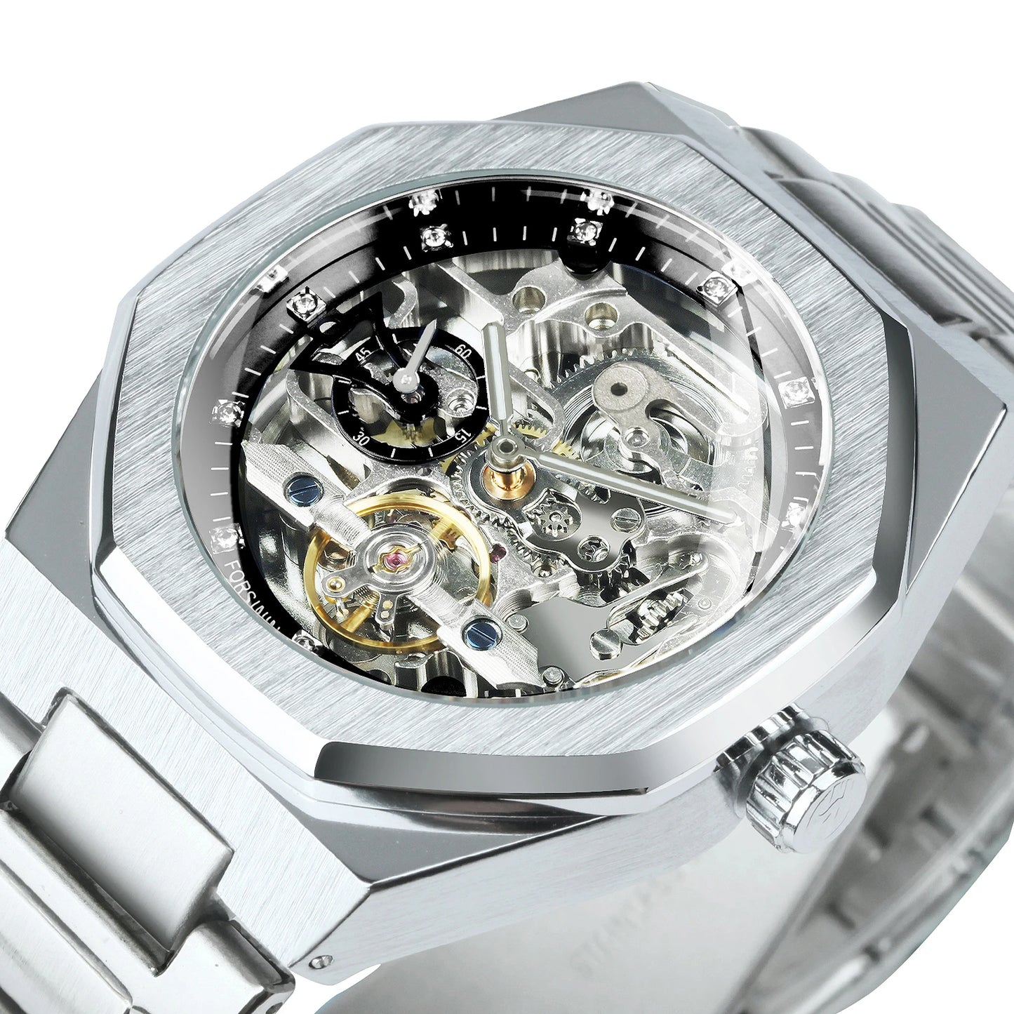 MIAMI DESIGN-Reloj Automático plateado para hombre, esfera de diamante 3D, Tourbillon Irregular, relojes de pulsera mecánicos con esqueleto, reloj con manecillas luminosas