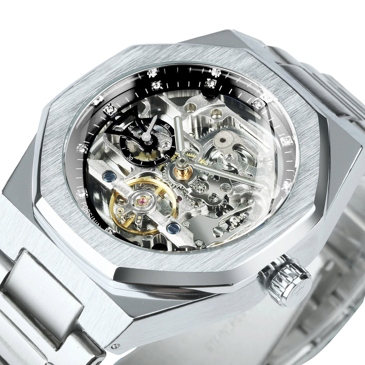 MIAMI DESIGN -Silver Automatic Watch Men 3D Diamond Dial Irregular Tourbillon Skeleton Mechanical Wristwatches Luminous Hands Clock