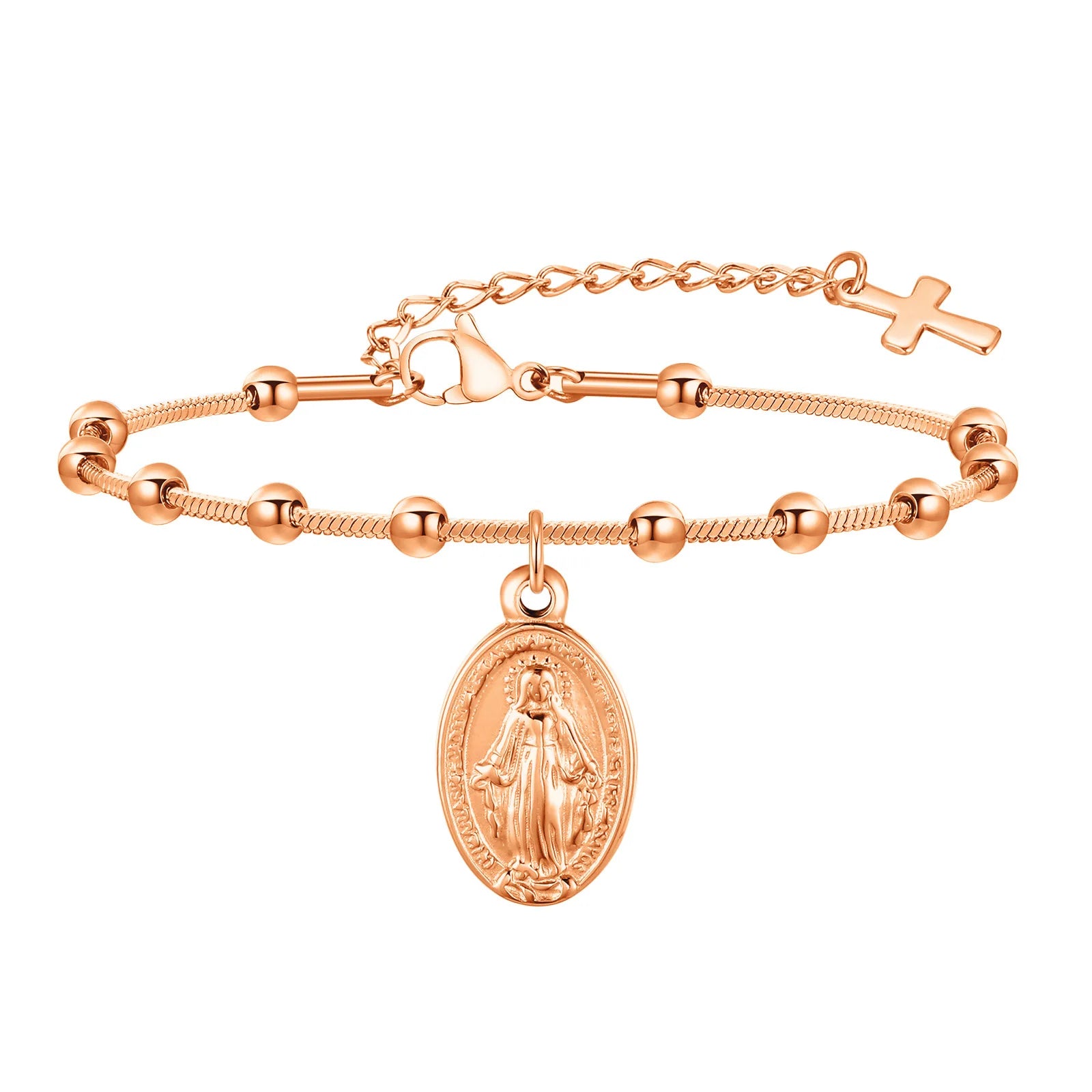 Brazalete de rosario de acero inoxidable de placa de oro para mujeres-Virgen María Pulsera de oración religiosa con cruz