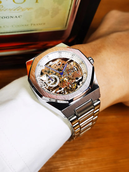 MIAMI DESIGN-Reloj Automático plateado para hombre, esfera de diamante 3D, Tourbillon Irregular, relojes de pulsera mecánicos con esqueleto, reloj con manecillas luminosas