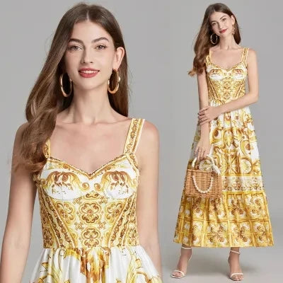 Dam V-ringad Röd Blå och Vit tryck Spaghetti Armband Semester Maxiklänning Sommar Runway Blommönster Semester Långa dräkter