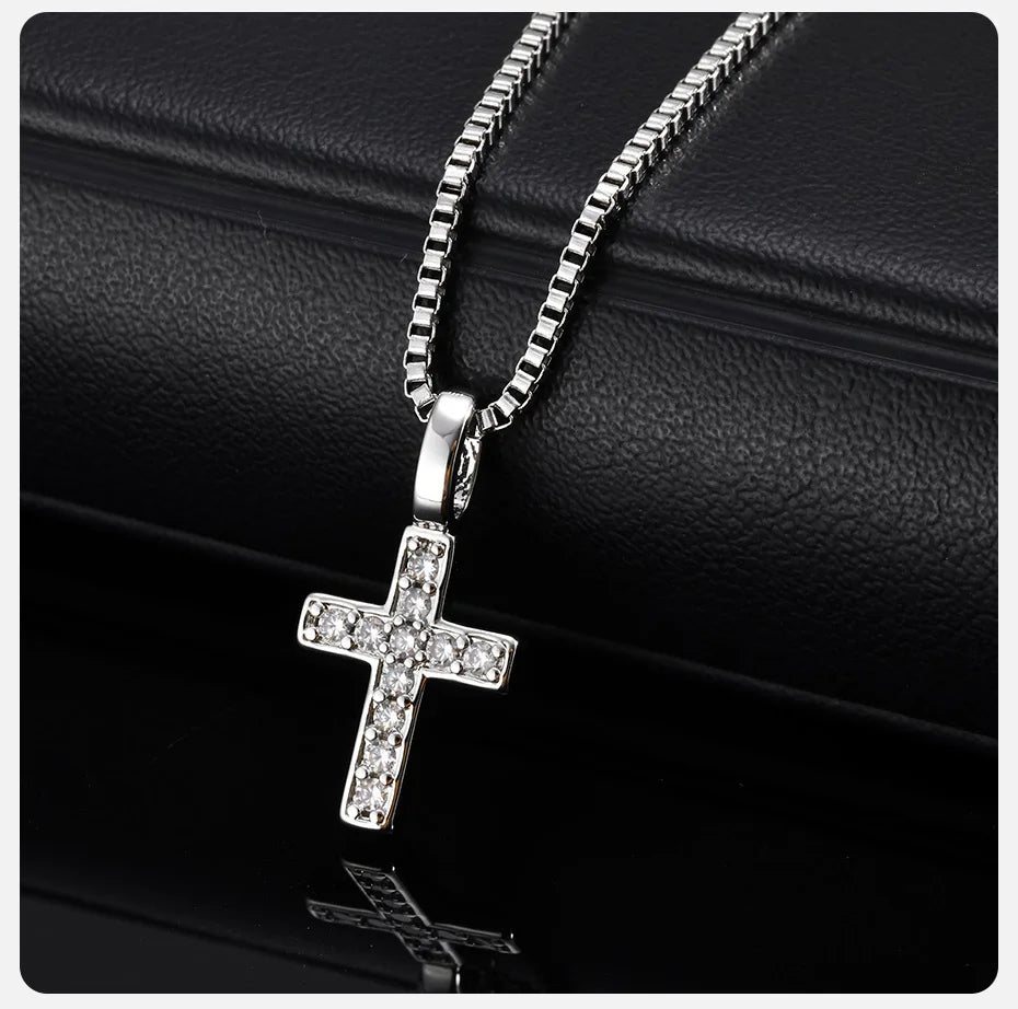 Bling Zircon Cross Pendant Necklace with Box Chain, Unisex Silver Color Simple Christ Cross Collar for Men Women
