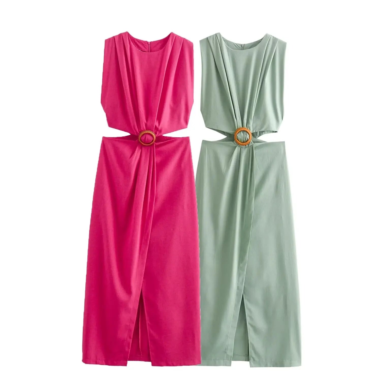 Elegant Women’s Waist Cutout Dress – O-neck, Sleeveless, Slim Fit, Split Skirt
