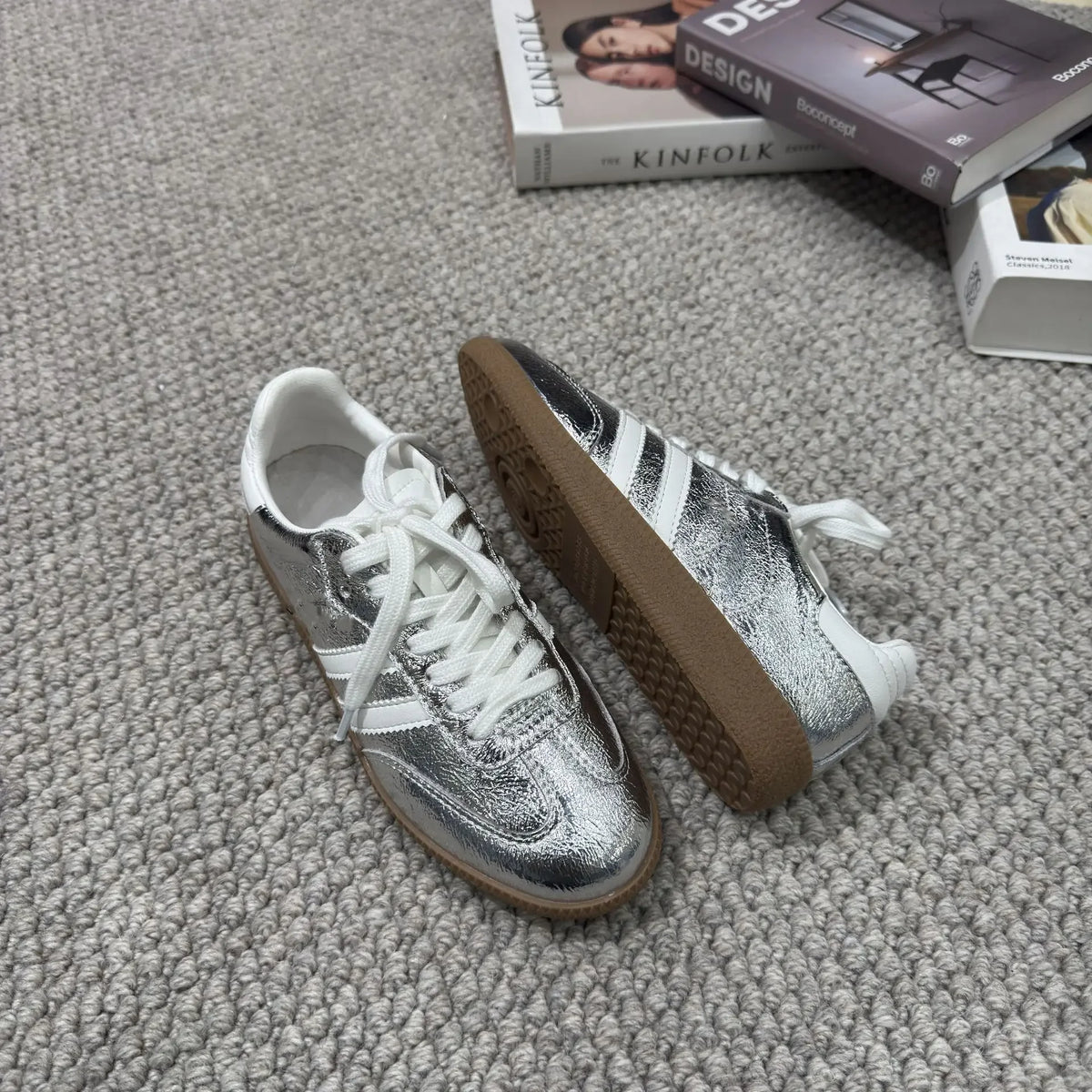 Genuine Leather Women’s Sporty Casual Shoes – Thick Sole, Three-Stripe Color Block, Comfortable Summer Footwear Amba