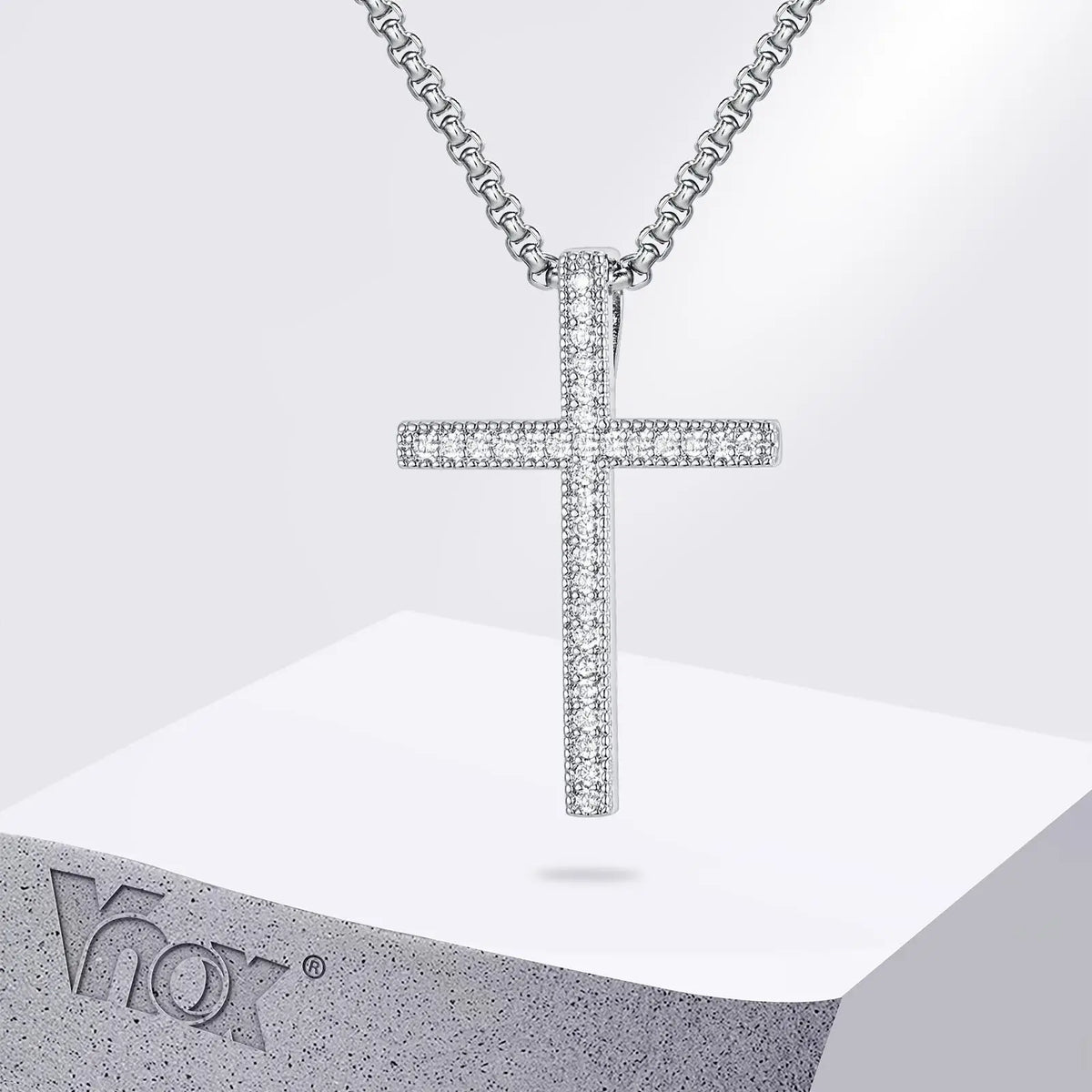 Bling Zircon Cross Pendant Necklace with Box Chain, Unisex Silver Color Simple Christ Cross Collar for Men Women