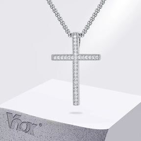 Bling Zircon Cross Pendant Necklace with Box Chain, Unisex Silver Color Simple Christ Cross Collar for Men Women