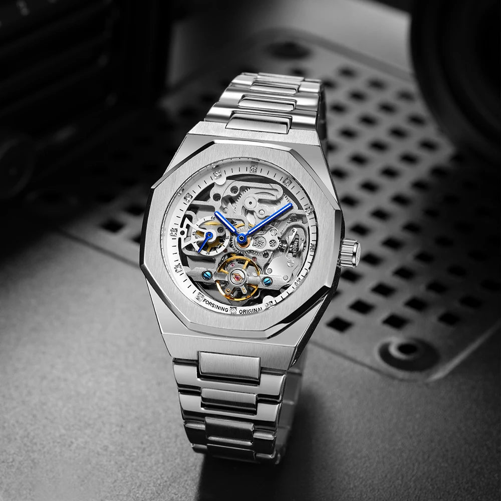 MIAMI DESIGN-Reloj Automático plateado para hombre, esfera de diamante 3D, Tourbillon Irregular, relojes de pulsera mecánicos con esqueleto, reloj con manecillas luminosas