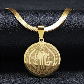 Saint Benedict Medallion Pendant Necklace -Unisex- Stainless Steel Snake Chain - Jewelry