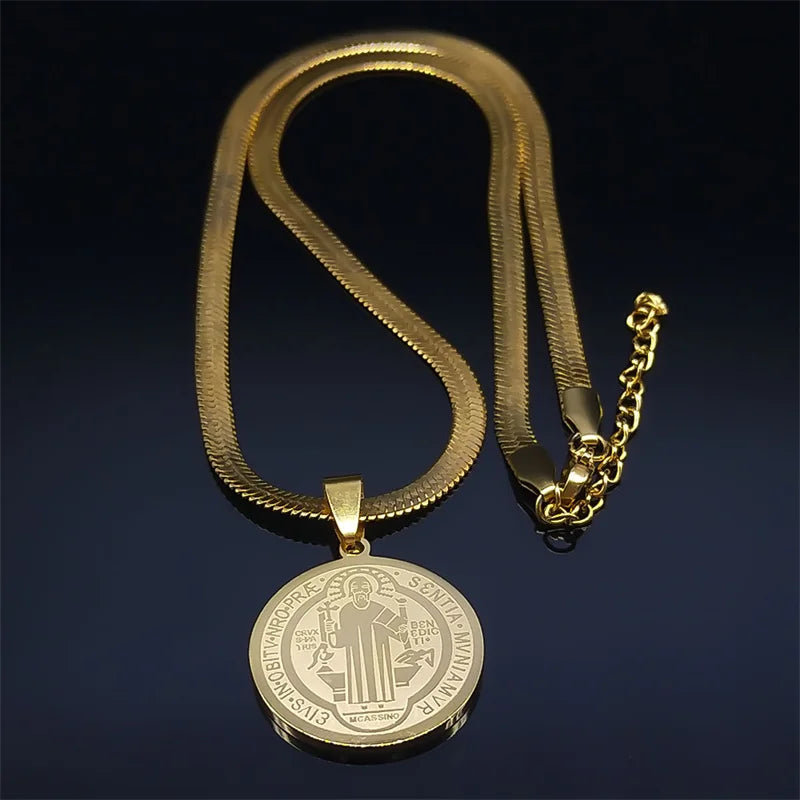 Saint Benedict Medallion Pendant Necklace -Unisex- Stainless Steel Snake Chain - Jewelry