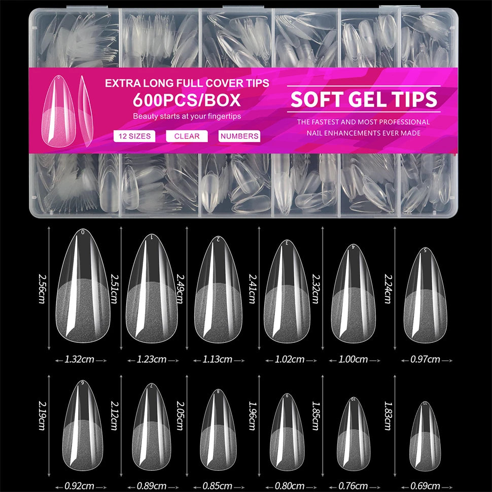 600 Stück Zubehör für weiche Gel-X-Nagelspitzen, vollständige Abdeckung, künstliche Nagelspitzen für Acrylnägel, Gel, extra kurze Mandel-Nagelspitzen, quadratisch, mittelgroß