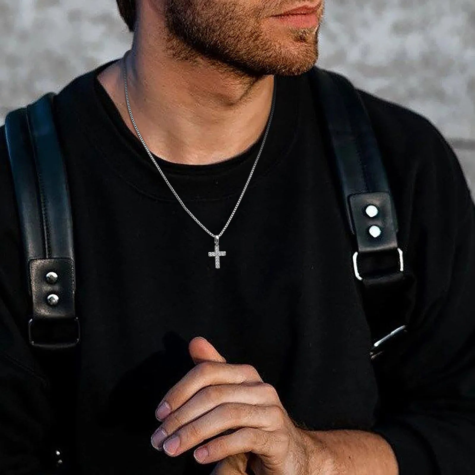 Bling Zircon Cross Pendant Necklace with Box Chain, Unisex Silver Color Simple Christ Cross Collar for Men Women