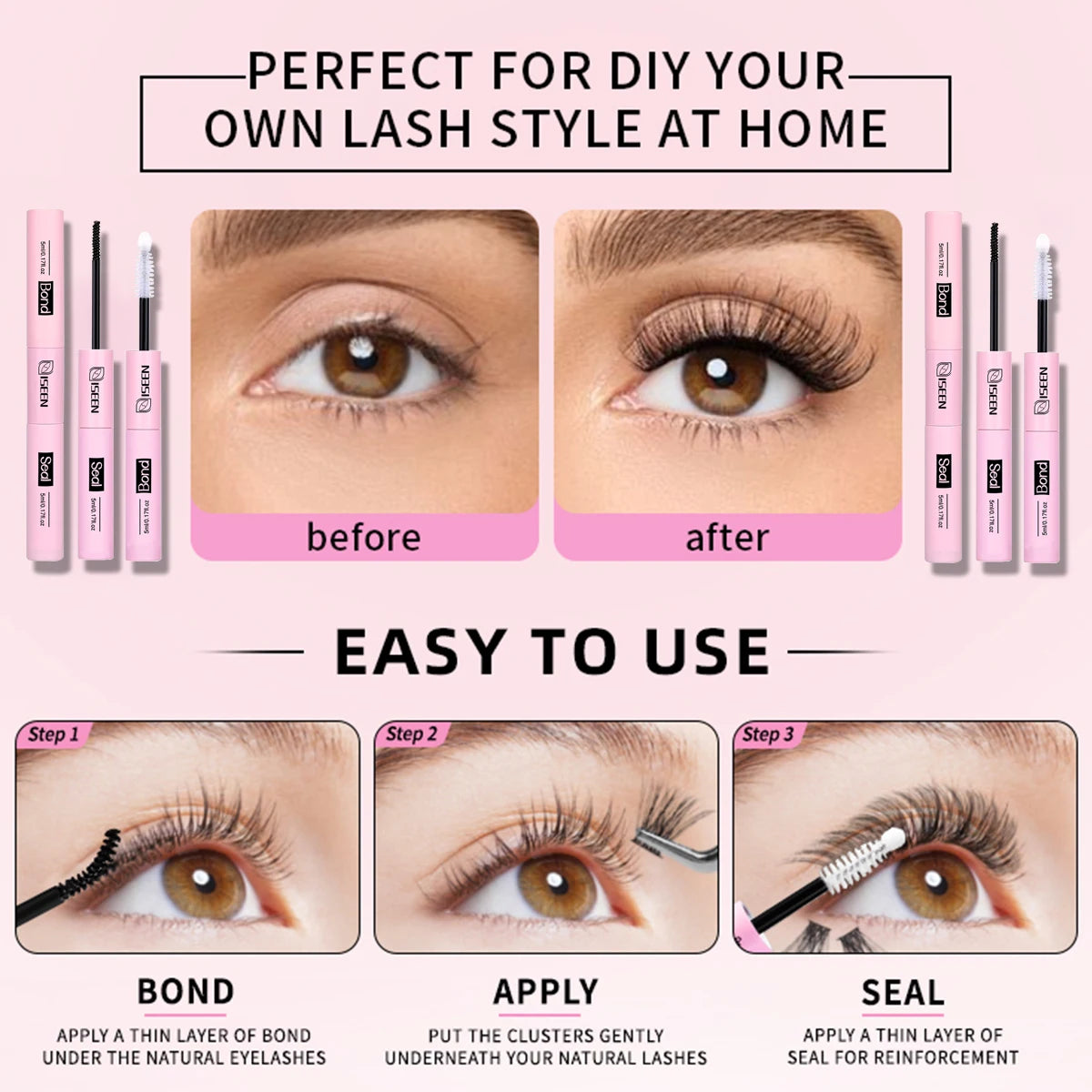 Iseen DIY segmentée fausses de cils ensemble de cils de grande capacité livre de cils en cluster avec de la colle, retirer la colle, twezeer, pinceau