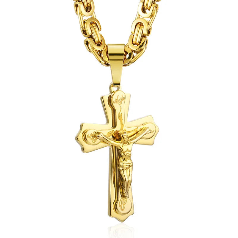 Jesus Cross Necklace  Stainless Steel Crucifix Pendant with Byzantine Chain
