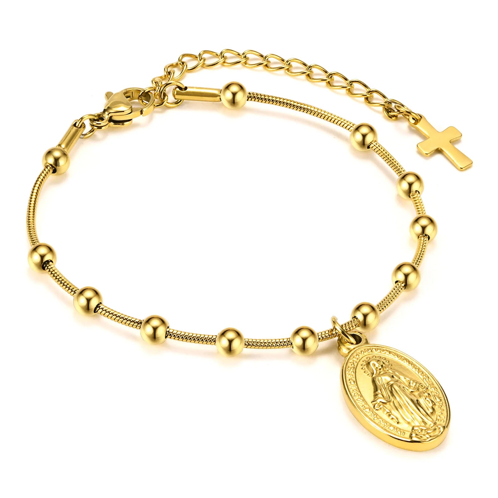 Brazalete de rosario de acero inoxidable de placa de oro para mujeres-Virgen María Pulsera de oración religiosa con cruz
