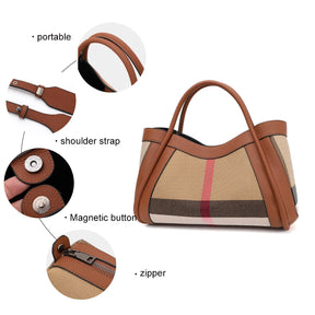 Canvas & Cowhide Leather BB Handbag – Luxury Retro Checkered Tote for Women | Large Capacity & Timeless Style
