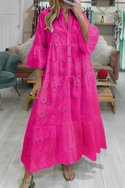 XXS-3XL Loose Fit Hollow Out Kjole til Kvinder Sommer Elegant Vintage Solid Broderi Casual V-hals Flare Sleeve Maxikjoler