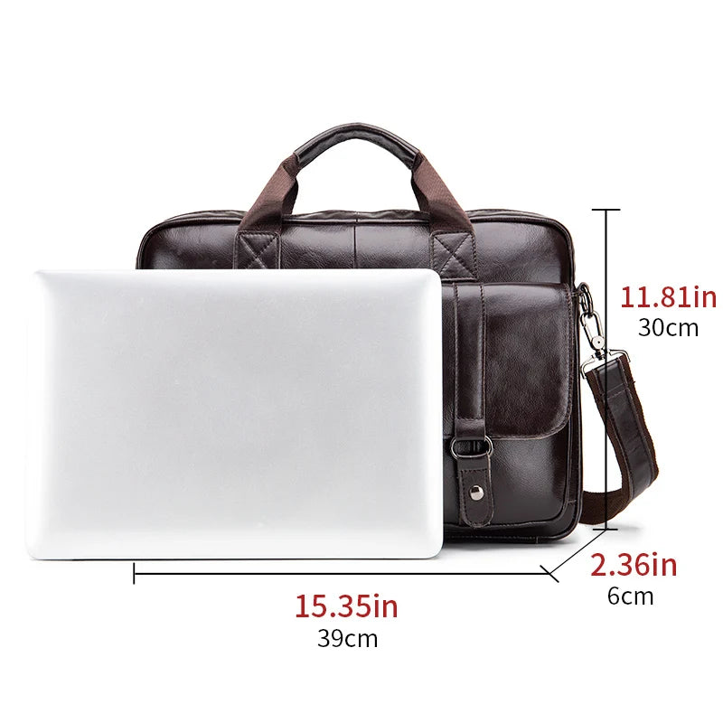 Genuine leather Unisex briefcase with double front pockets, large capacity computer bag, diagonal cross handbag  - Free Shipping to Europe