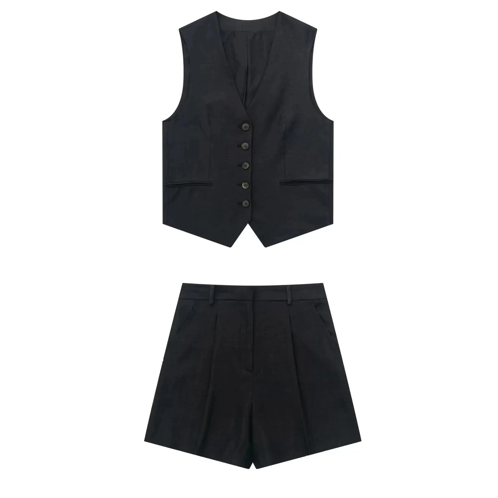 Women’s Linen Vest Shorts Set – V Neck Chic Summer Casual  Office Outfit