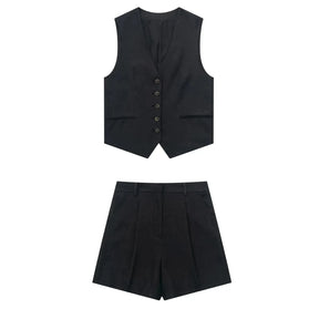 Women’s Linen Vest Shorts Set – V Neck Chic Summer Casual  Office Outfit