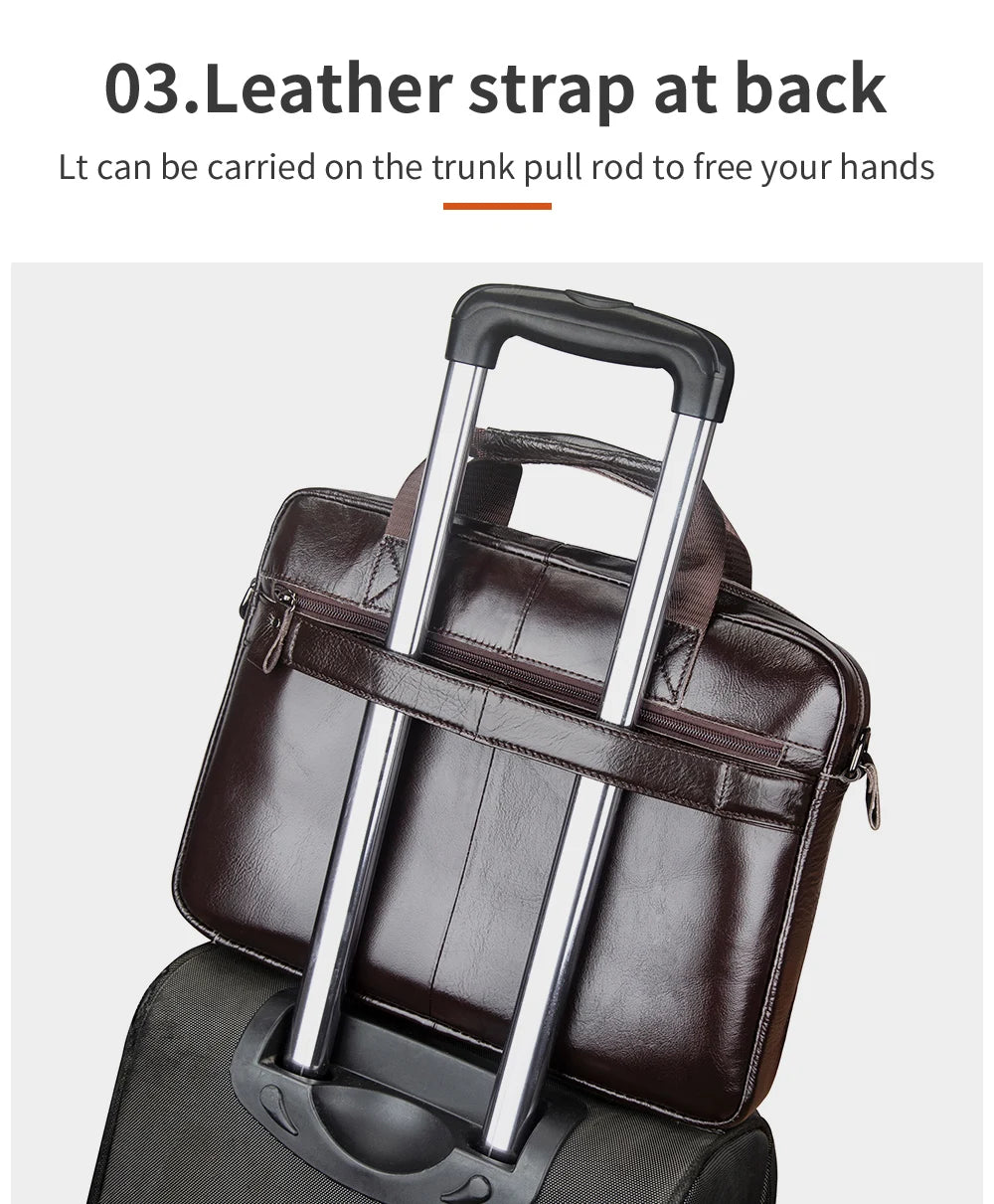 Genuine leather Unisex briefcase with double front pockets, large capacity computer bag, diagonal cross handbag  - Free Shipping to Europe