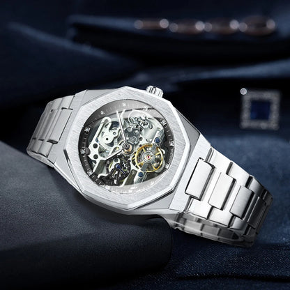 MIAMI DESIGN-Reloj Automático plateado para hombre, esfera de diamante 3D, Tourbillon Irregular, relojes de pulsera mecánicos con esqueleto, reloj con manecillas luminosas