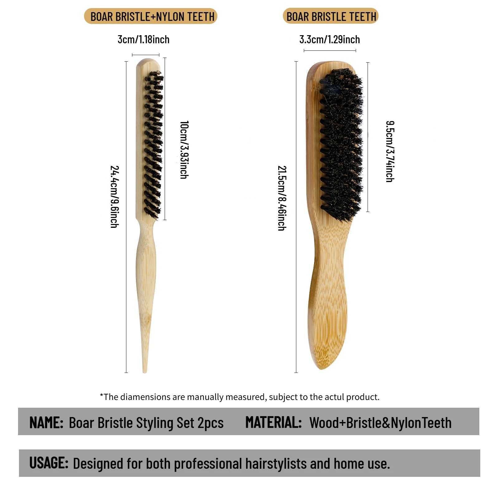 2pcs Bristle Premium Bristle Brosse avec une poignée en bambou réduit les frisottis et le brosse à poils de massage statique du cuir chevelu pour tous les types de cheveux