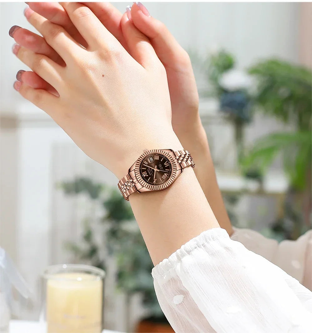 Reloj de mujeres de acero inoxidable impermeable de Miami Express-Dial luminoso, pantalla de fecha, movimiento de cuarzo